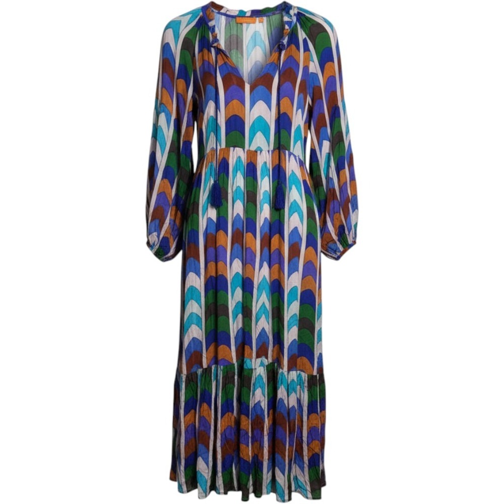 Oliphant Multi Color Geometric Cotton Silk Tiered Midi Dress XS Boho Resort Trip